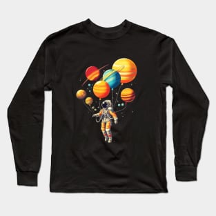 Astronaut Floating with Planets as Balloons Colourfu Long Sleeve T-Shirt